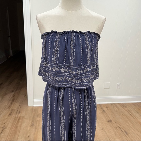JAPNA Strapless Smocked Boho Wide Leg Jumpsuit Women’s XS Navy Print - Picture 7 of 12